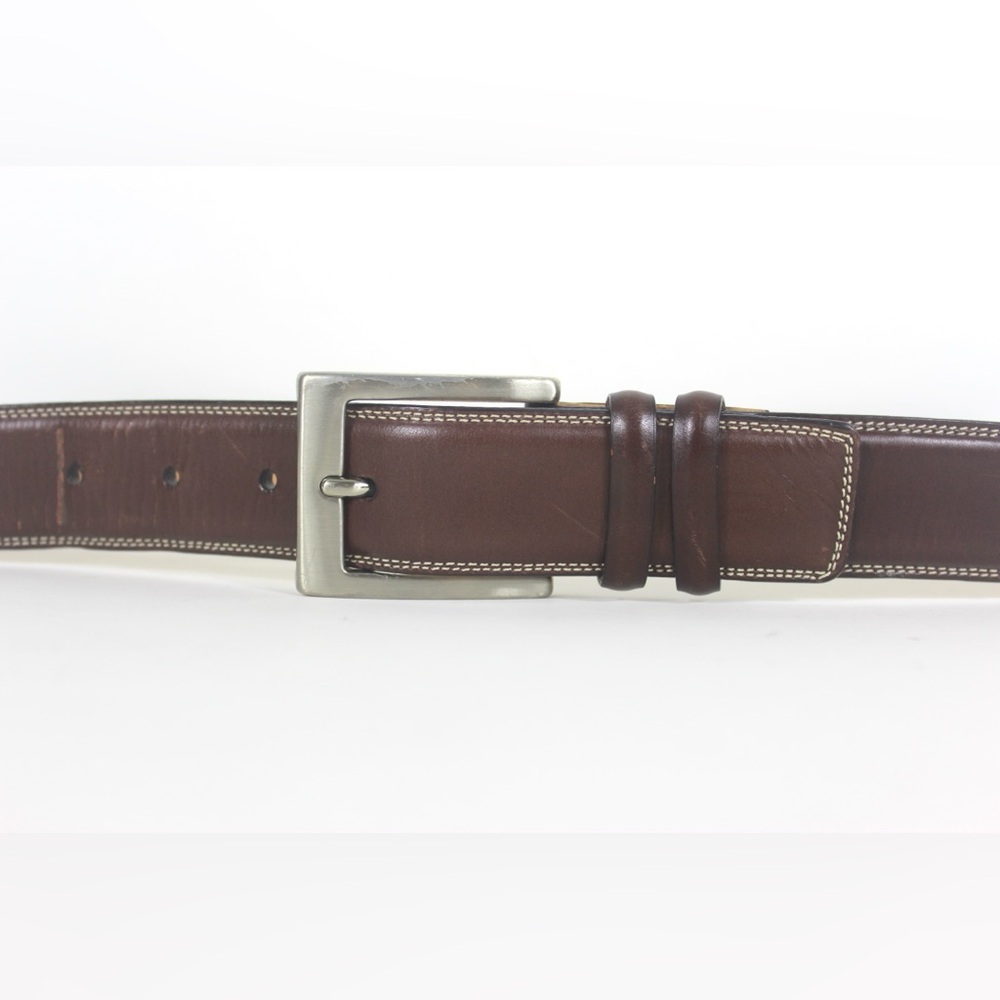 Italian Cognac Brown Leather Belt Silver Buckle Contrast Stitching Distressed